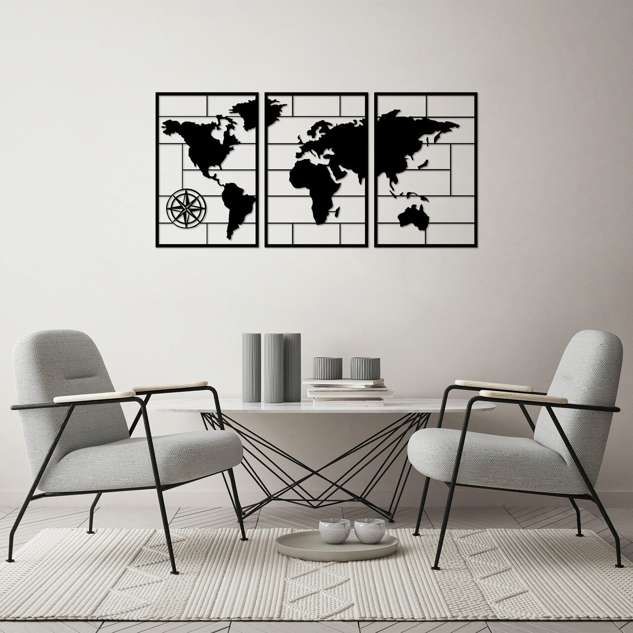 Decoratiune de perete, World Map, 50 x 75 cm, 3 piese, Negru - imagine 6